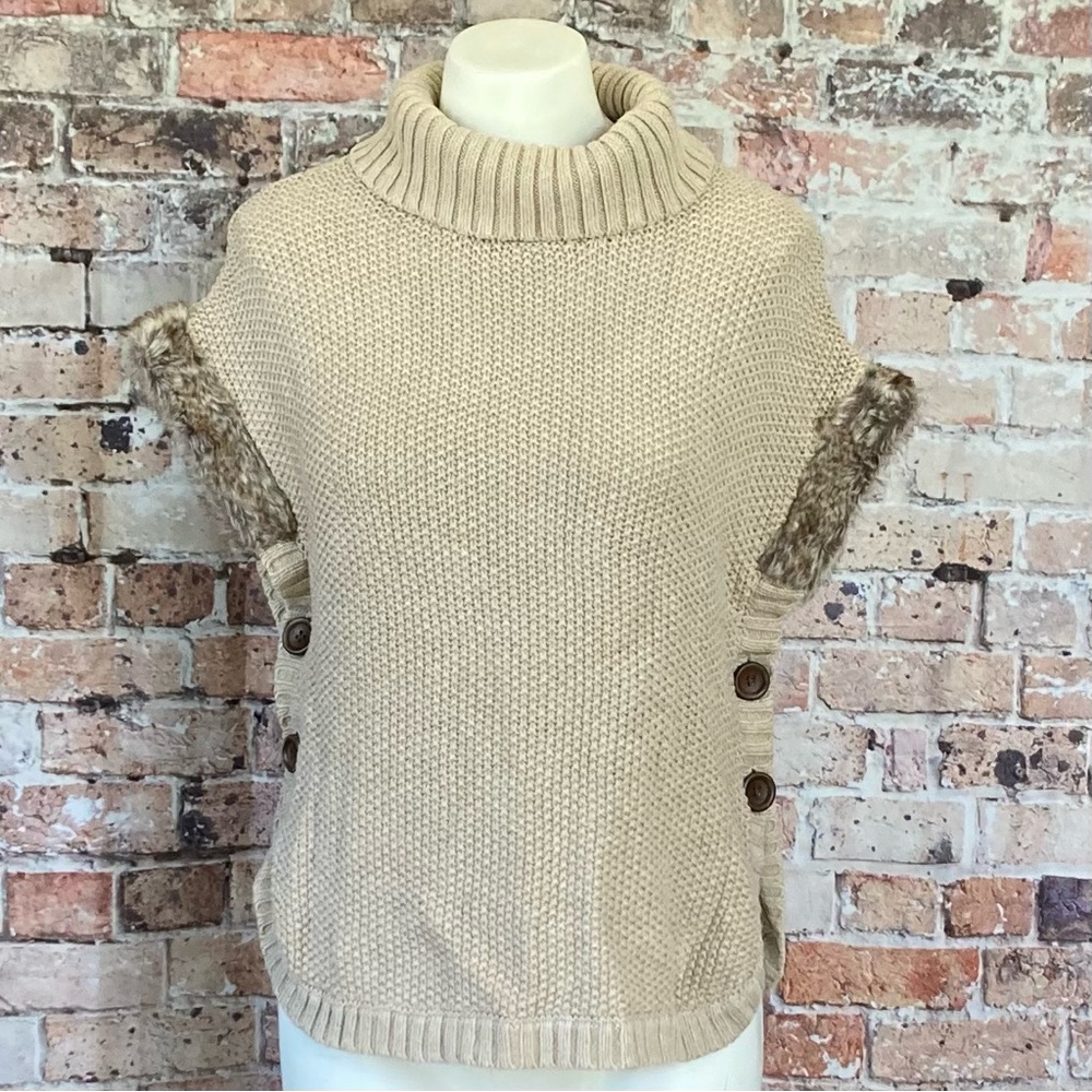 Aspen Kids Knit Turtleneck Sweater Poncho Style Faux Fur Tan Sz M(10-12)
